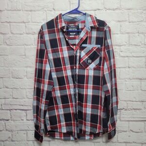 Parish Nation Plaid Button Shirt Men M 100% Cotton Blue Red Skater Preppy Casual